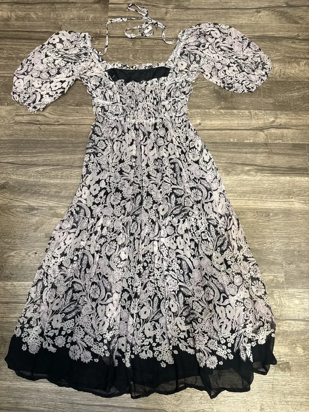 by Anthropologie Small Floral Smocked Puff Sleeve Midi Dress Boho Black - Picture 3 of 11